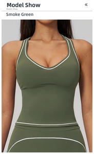 Détail de la veste de yoga vert mousse avec liseré blanc contrastant sur le devant