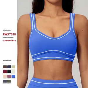 Women Sports Bra U-Neck Contrast Color Piping Brushed Fabric Wireless High Elasticity Yoga Fitness Running Activewear Top