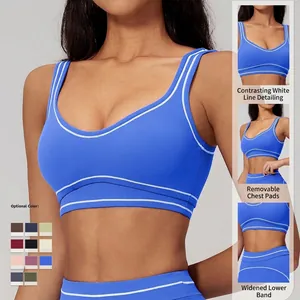U-neck colorblock sports bra with contrast stripes and removable pads for yoga and fitness