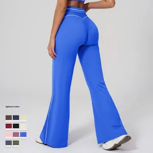 High-waisted Klein blue flared yoga pants with contrast side stripes and V-back seam design