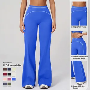 High-waist wide-leg bright blue yoga pants with white contrast piping for fitness