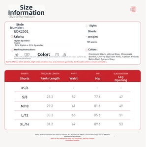 Size chart for high-elastic yoga shorts including measurements in cm and wash instructions