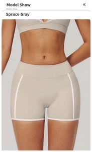 Close-up of spruce gray yoga shorts with white piping and high-waisted seamless fabric