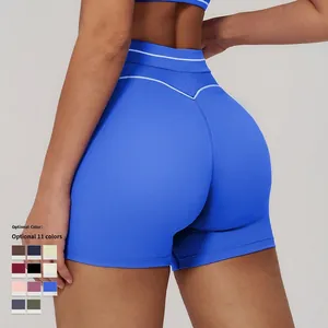 Women's high waist sports shorts in dark blue with contrast stitching and multi-color options