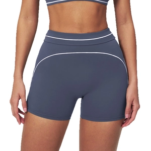 Women's high waist sports shorts in dark grey-blue with white trim and athletic fit