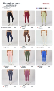Grid view showing eleven color options of high-waist contrast-stitched yoga leggings