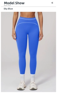 Detail of high waisted yoga leggings in water pen blue with contrast white stitching