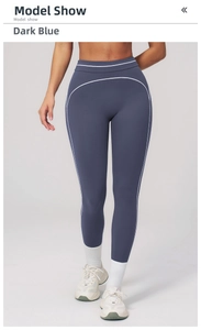 Detail of high waist teal blue yoga pants with white contrast stitching on leg lines