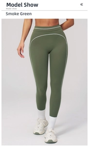 Detail view of high waist yoga leggings in smoke moss green with white contrast stitching