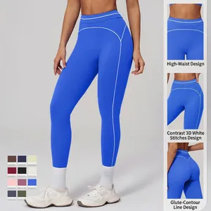 High-waisted royal blue yoga leggings with white contrast piping for workout and running