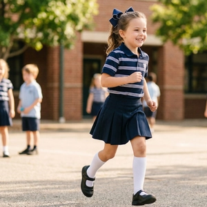 Detail of school uniform set featuring a navy blue polo shirt and matching pleated skirt