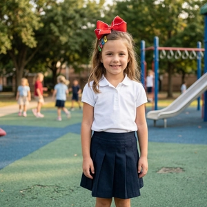 Detailed view of girls school uniform with white polo shirt and navy pleated skirt