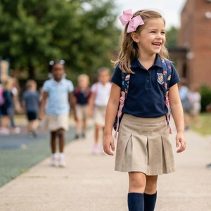 Detail of school uniform set with navy polo, pleated skirt and pink hair bow clip