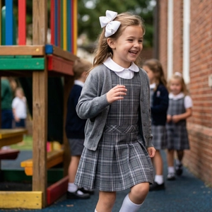 Macro detail of high-quality fabric texture on a child's gray cardigan and school uniform