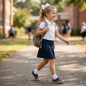 Detail of school uniform featuring a white polo shirt and navy pleated skirt with accessories