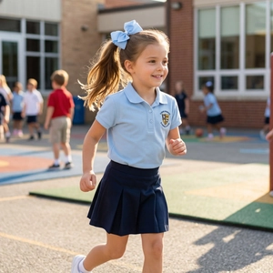 Detail of school uniform set with light blue polo shirt and navy pleated skirt for girls