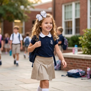 Detail of a British style school uniform with navy polo shirt and khaki pleated skirt