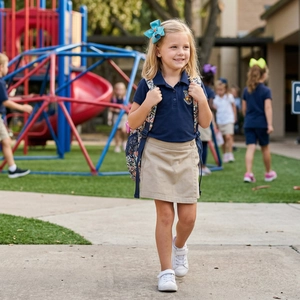 Detail of school uniform set with navy polo shirt, khaki skirt, and floral backpack