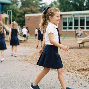 Detail of school uniform set with white polo, pleated skirt, and cute hair accessories