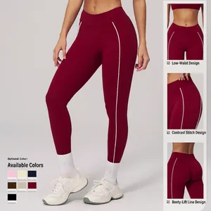 Leggings da yoga bordeaux per donna con cuciture a contrasto bianche e vita bassa elastica
