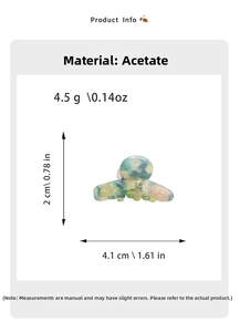 Product specifications of the acetate mini hair claw with marble texture and dimensions