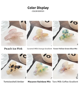 Detailed display of acetic acid hair clips in six different marble and solid colors