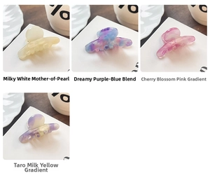 Detail view of four elegant acetate hair claws in pastel marble and floral patterns