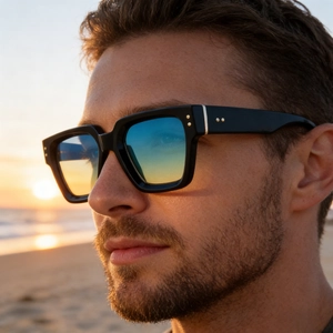 Détail de lunettes de soleil noires carrées avec verres réfléchissants montrant le coucher du soleil