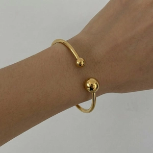 French Vintage Double Ball Stainless Steel Open Cuff Bracelet Waterproof Hypoallergenic 18K Gold Plated Asymmetric Jewelry