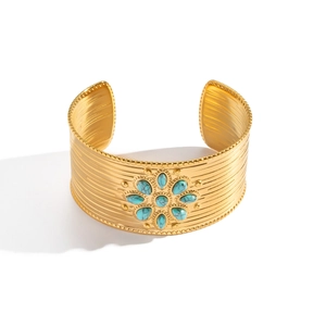French vintage 18K gold plated cuff bracelet with turquoise stones and floral texture
