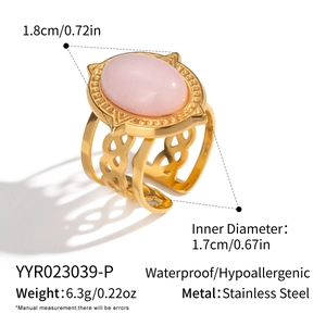 Detail showing dimensions of gold stainless steel ring with pink oval stone inlay