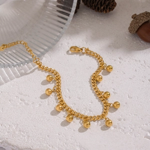 Minimalist 18K gold plated stainless steel Cuban chain bracelet with polished bead charms