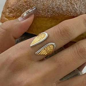 Angel Wings Feather Adjustable Open Ring Stainless Steel 18K Gold Plated Two-Tone Waterproof Hypoallergenic Rings Women