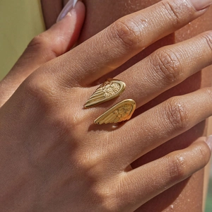 18K gold plated stainless steel angel wing open ring with detailed feather texture