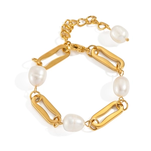 Bracelet en acier inoxydable plaqué or 18 carats avec cinq perles d'eau douce baroques