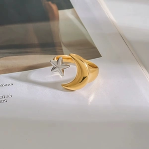 Adjustable stainless steel moon and star open ring in gold and silver finish