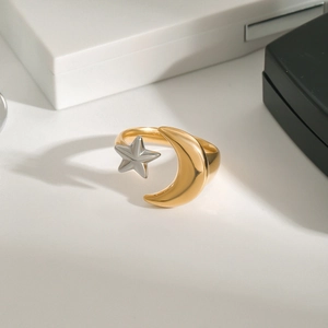 Elegant gold moon and silver star open ring made of polished minimalist stainless steel