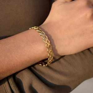 Open Cuff Bracelet And Ring 18K Gold Plated Stainless Steel Hollow Woven Wave Chic Waterproof Jewelry For Women