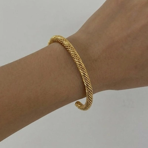 Twisted Rope Open Cuff Bangle 18K Gold Plated Stainless Steel Retro Textured Bracelet For Women Waterproof Jewelry