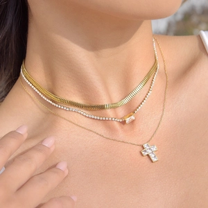 Three layered 18K gold stainless steel necklaces with white zircon square pendant sets