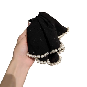 Elegant black ponytail hair claw with glitter fabric and white pearl edge trim