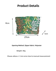 Floral canvas makeup bag detailed size chart 27x18x5cm with polyester material specs