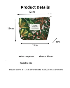 Detailed dimension chart showing a green floral canvas makeup bag with zipper closure