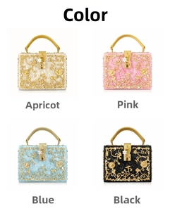 Detailed grid view of four acrylic evening bags with gold filigree and floral charm