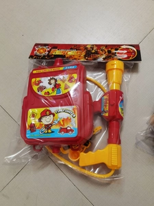 Children's firefighter backpack water gun toy set with red tank and yellow spray nozzle