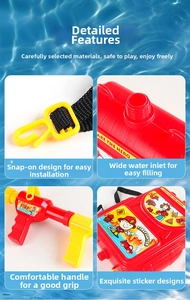 Detail view of large firefighter backpack water gun featuring adjustable straps and nozzle