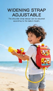 Detail of firefighter backpack water gun with adjustable black straps for outdoor beach play