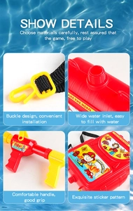 Detail view of large children's firefighter backpack water gun with tank and nozzle