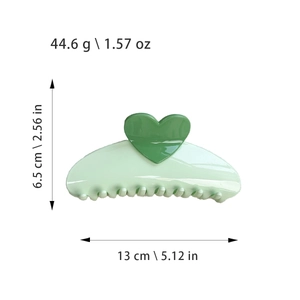 Large light green heart hair claw clip for women, size 13cm length and 6.5cm height