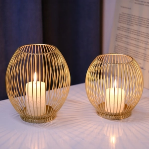 Modern Nordic gold metal birdcage candle holders set with white pillar candles